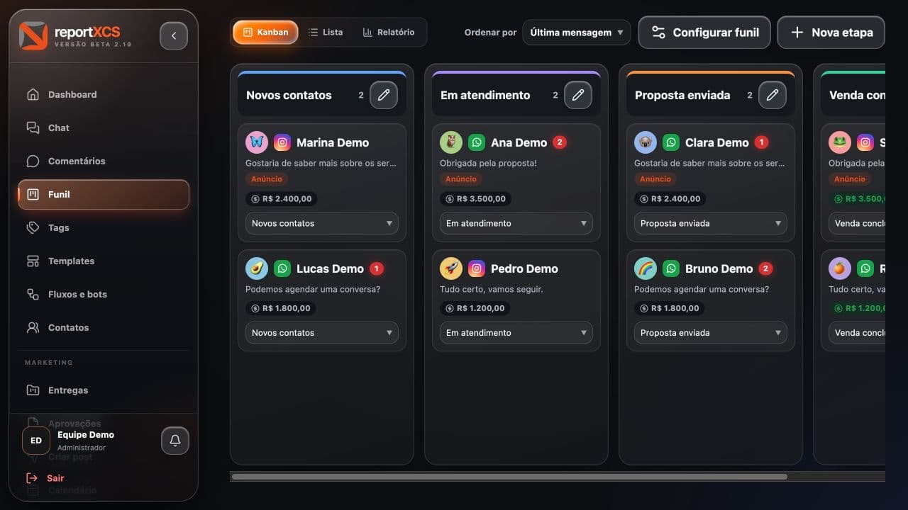 CRM & funil do reportXCS em modo escuro: Contatos e oportunidades organizados por etapa